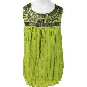 Kenar Beaded Tank Top Size S Green Chartreuse Wrinkle Pleated Blouse Studded